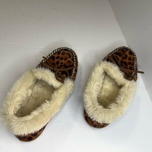 J. Crew Sz 8 Women’s Leopard Print Slippers with Cream Fur Trim